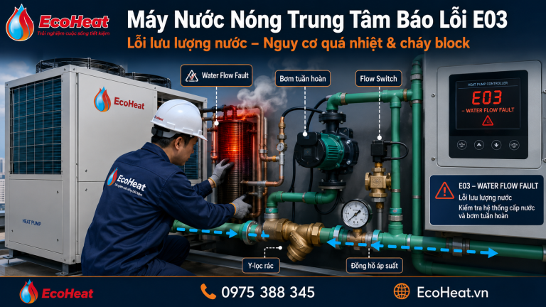 Hình ảnh kỹ thuật minh họa máy nước nóng trung tâm Heat Pump báo lỗi E03 – Water Flow Fault. Kỹ sư EcoHeat đang kiểm tra hệ thống đường nước tuần hoàn, bơm tuần hoàn, Flow Switch, lọc Y-Strainer và đồng hồ áp suất nước. Lỗi E03 nếu không xử lý đúng có thể khiến nước không tuần hoàn qua bộ trao đổi nhiệt, gây quá nhiệt và tăng nguy cơ hỏng block/máy nén Heat Pump.