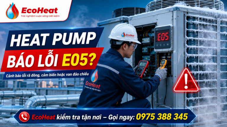 Ảnh quảng cáo dịch vụ EcoHeat kiểm tra máy nước nóng trung tâm Heat Pump báo lỗi E05, cảnh báo lỗi rã đông, cảm biến hoặc van đảo chiều.