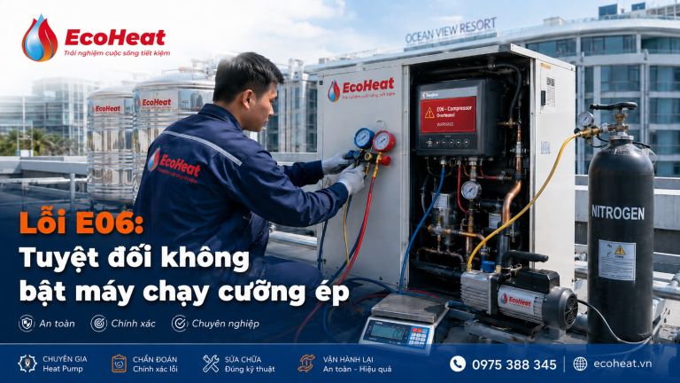 Kỹ sư EcoHeat sửa máy nước nóng heatpump báo lỗi E06 quá nhiệt máy nén tại sân thượng resort, kiểm tra gas bằng đồng hồ manifold gauge và bình nitơ.