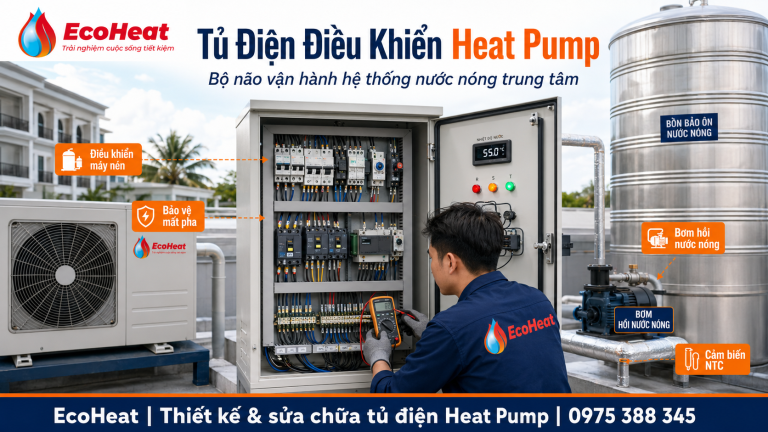 Kỹ sư EcoHeat kiểm tra tủ điện điều khiển Heat Pump dùng để vận hành máy nén, bơm hồi nước nóng, cảm biến NTC và hệ thống nước nóng trung tâm