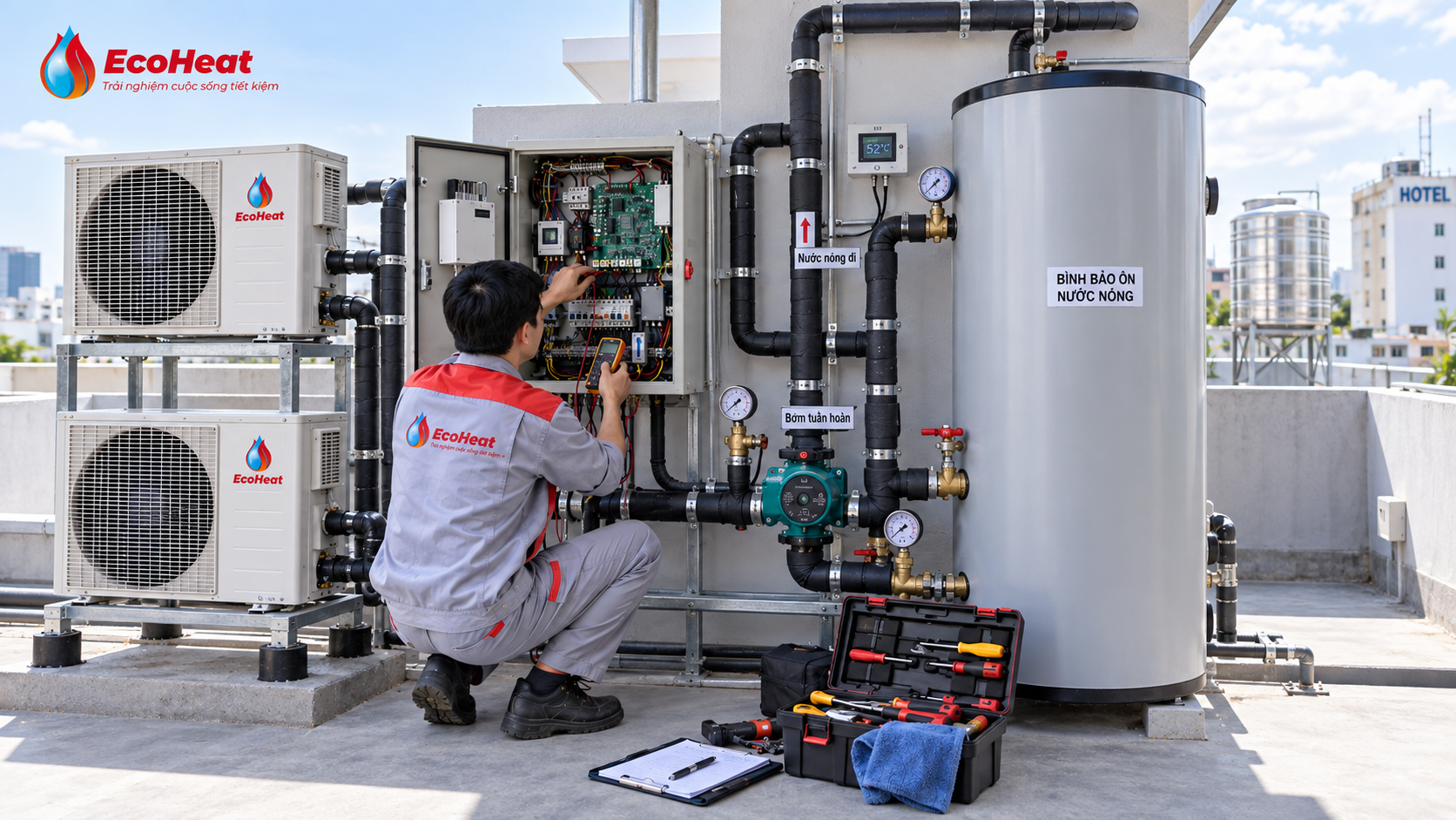 Kỹ thuật viên chẩn đoán hệ thống Heat Pump Jiko gồm board điều khiển, bơm tuần hoàn và bình nước nóng