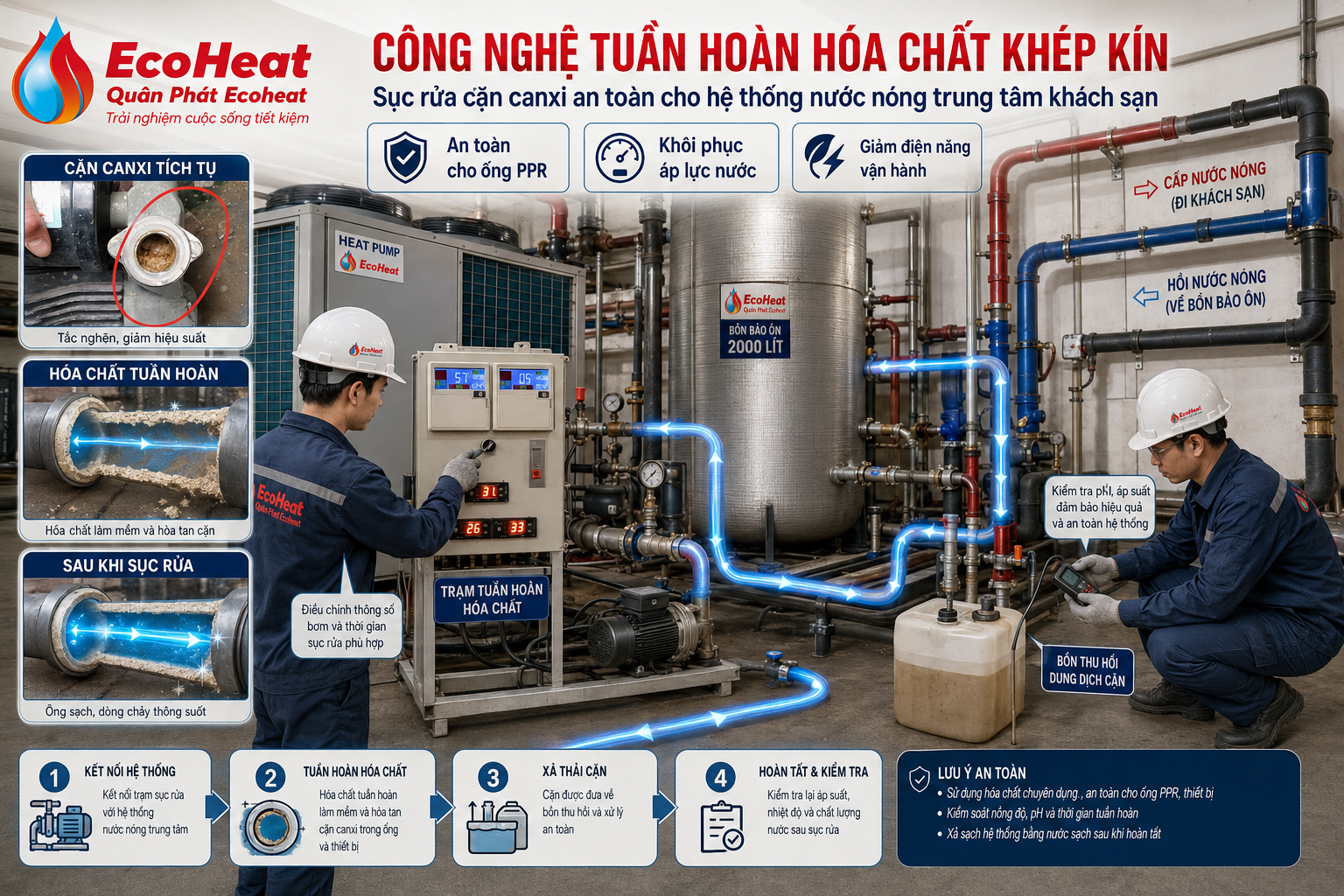 Trạm tuần hoàn hóa chất khép kín làm sạch cặn canxi trong đường ống nước nóng trung tâm Heat Pump khách sạn