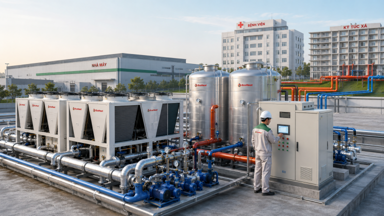 Hệ thống Heat Pump Hưng Yên EcoHeat cho nhà máy và công trình công nghiệp