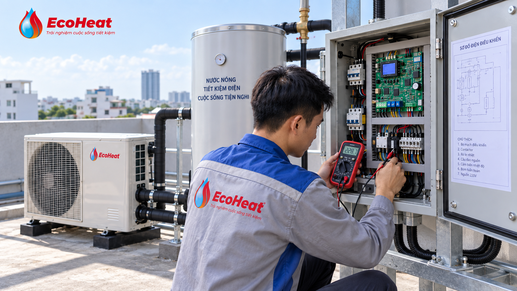 Kỹ thuật viên EcoHeat kiểm tra board mạch Heat Pump Jiko trên hệ thống nước nóng sân thượng