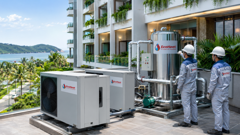 Lắp đặt hệ thống nước nóng trung tâm Heat Pump Quảng Trị cho khách sạn resort