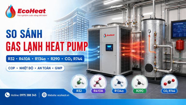 So sánh gas lạnh R32, R410A, R134a, R290 và R744 cho máy nước nóng trung tâm Heat Pump