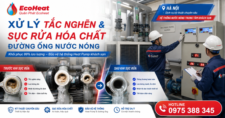 Kỹ sư Quân Phát Ecoheat xử lý tắc nghẽn và sục rửa hóa chất đường ống nước nóng Heat Pump khách sạn tại Hà Nội
