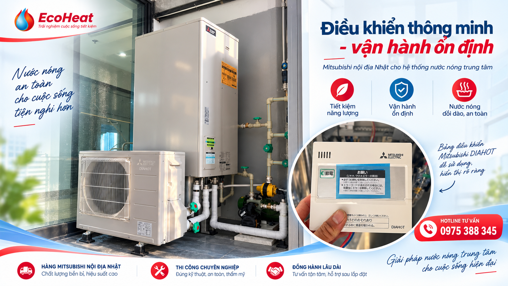 Bộ điều khiển DIAHOT và hệ thống Heat Pump Mitsubishi nội địa Nhật