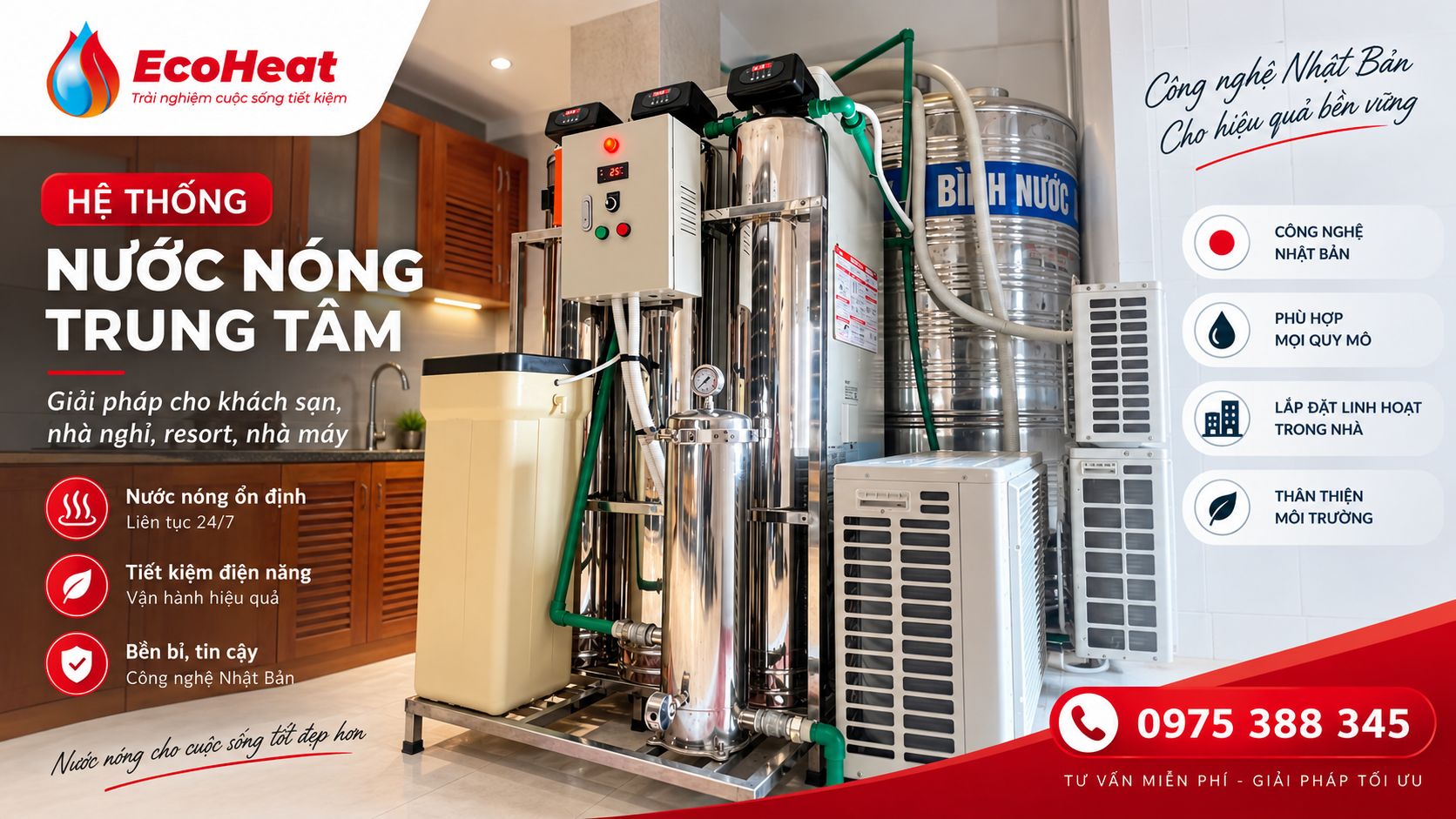 Hệ thống nước nóng trung tâm Heat Pump Hitachi nội địa Nhật lắp đặt thực tế