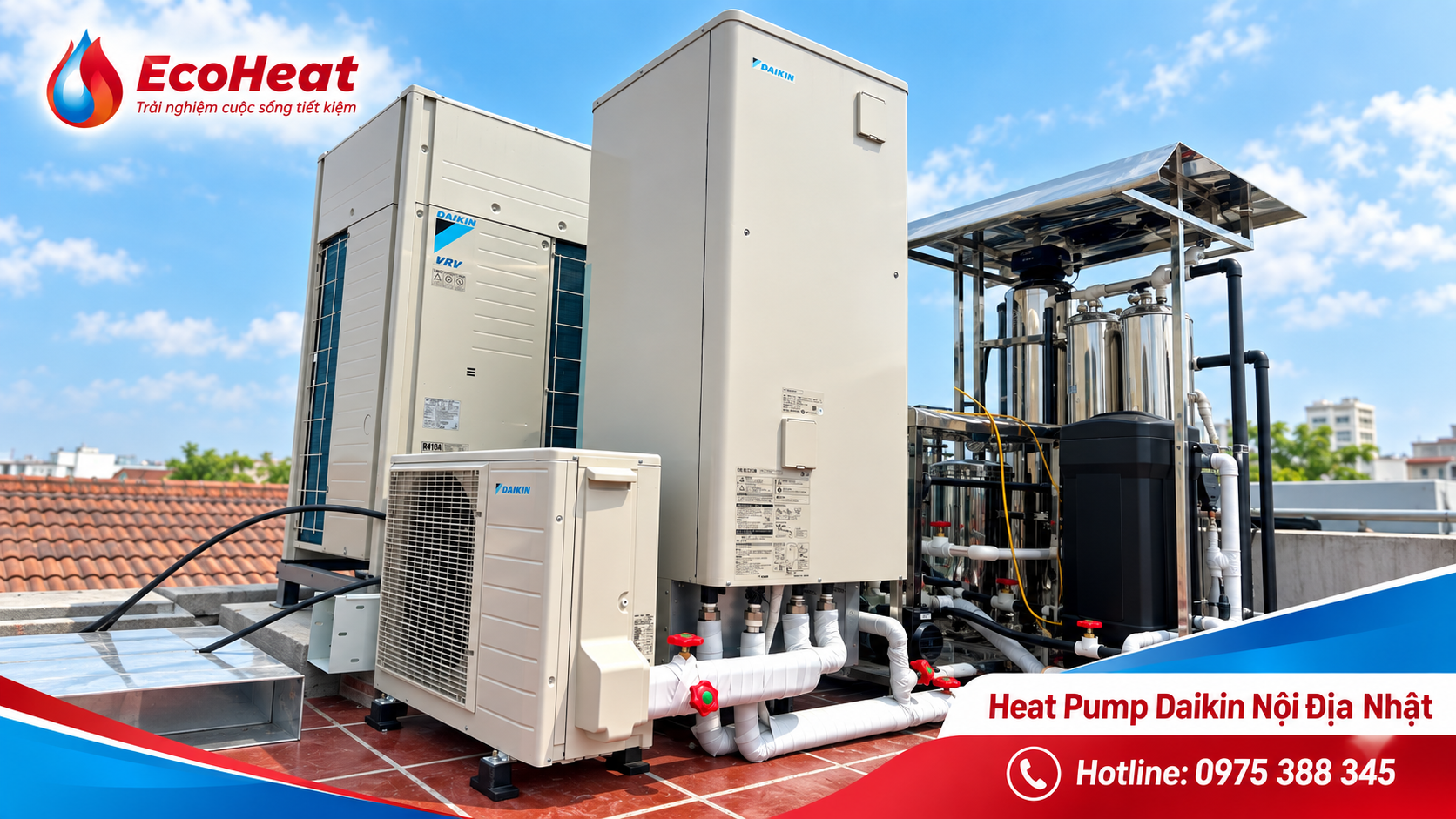 Hệ thống nước nóng trung tâm sử dụng máy bơm nhiệt Heat Pump Daikin nội địa Nhật