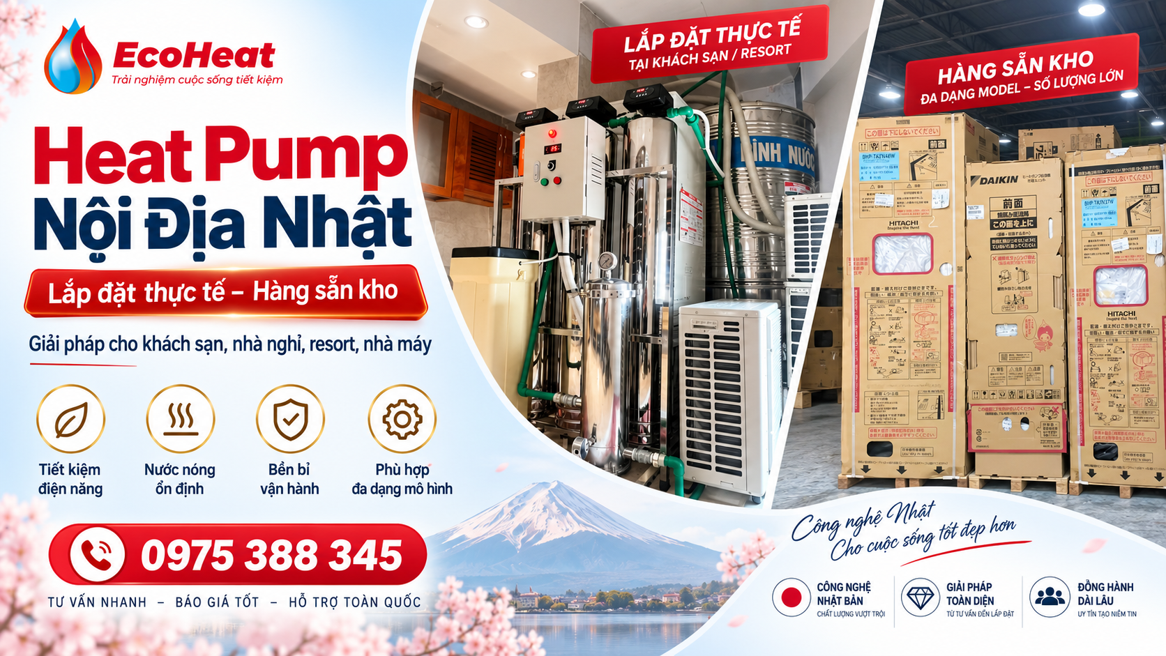 Heat Pump nội địa Nhật lắp đặt thực tế và nguồn hàng sẵn kho tại EcoHeat