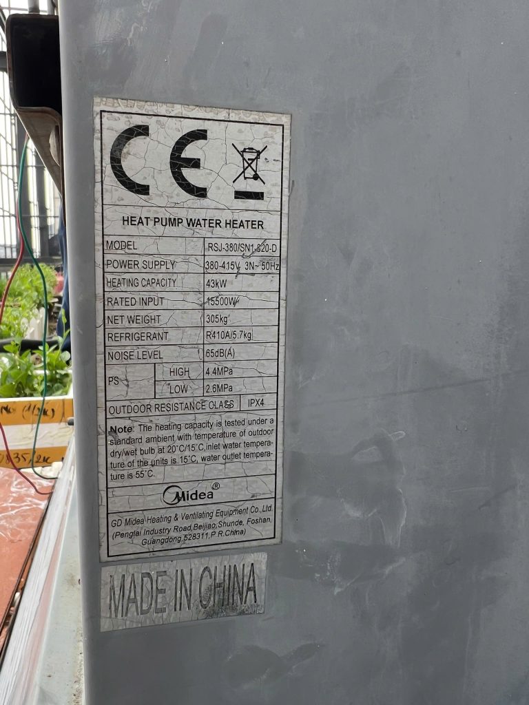 Tem model và thông số kỹ thuật trên máy nước nóng Heat Pump Midea