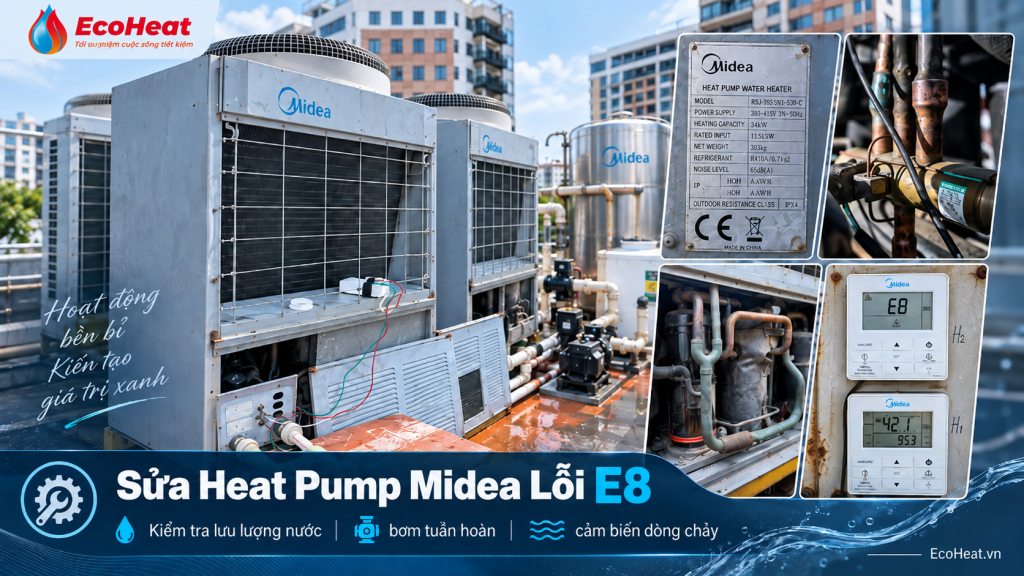 Minh họa hệ thống Heat Pump Midea, tem model, bơm tuần hoàn và màn hình báo E8