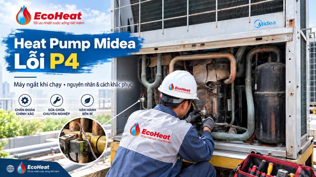 Minh họa kỹ thuật viên kiểm tra Heat Pump Midea báo lỗi P4