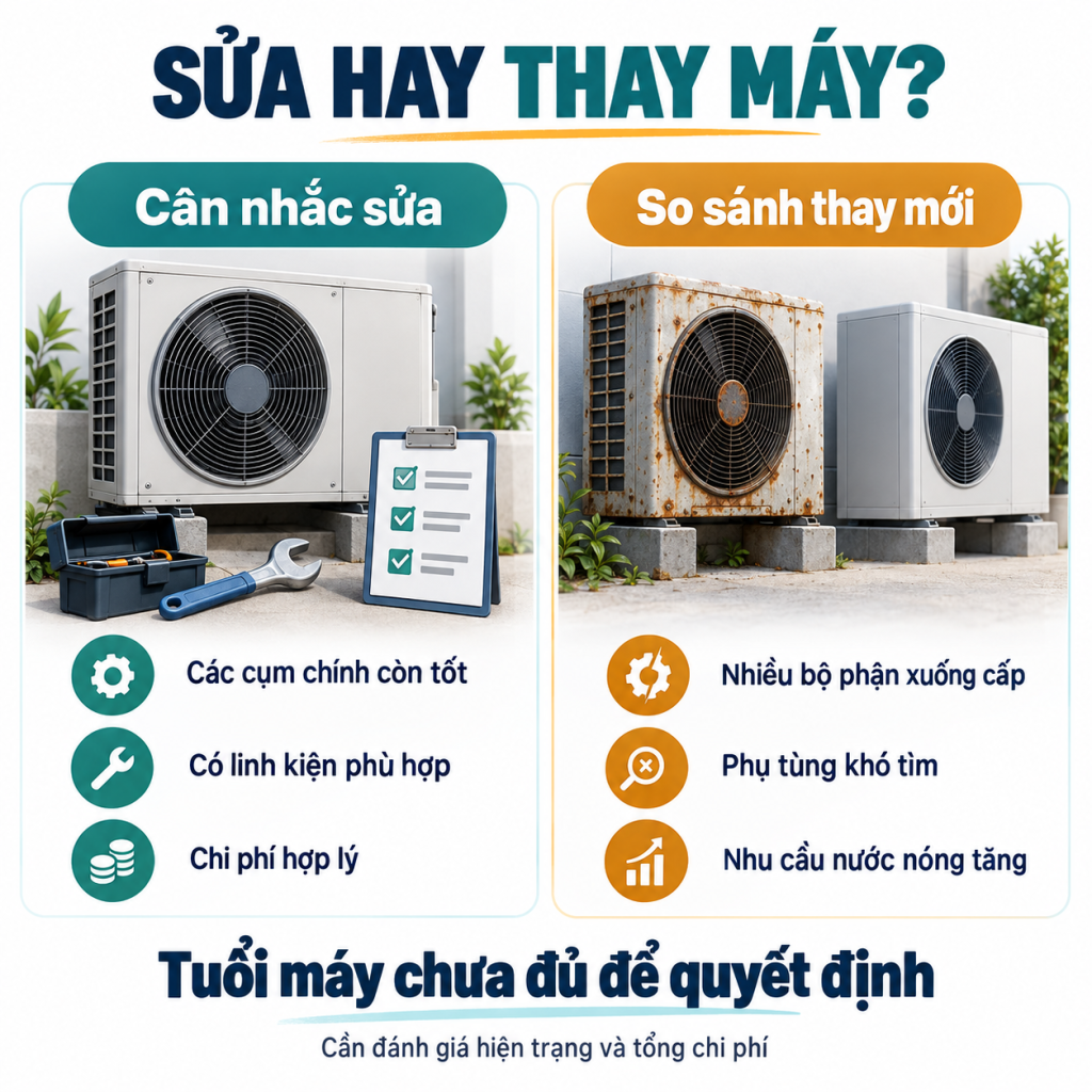 Bảo dưỡng Heat Pump Jiko 10 năm: kiểm tra và xử lý E06 4 Minh họa lựa chọn sửa hoặc thay máy sau khi bảo dưỡng Heat Pump Jiko lâu năm