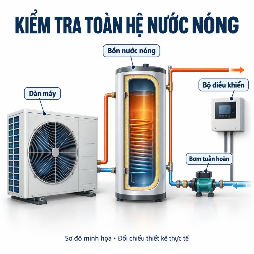 Bảo dưỡng Heat Pump Jiko 10 năm: kiểm tra và xử lý E06 2 Sơ đồ minh họa bảo dưỡng Heat Pump Jiko với dàn máy, bồn, bơm tuần hoàn và bộ điều khiển