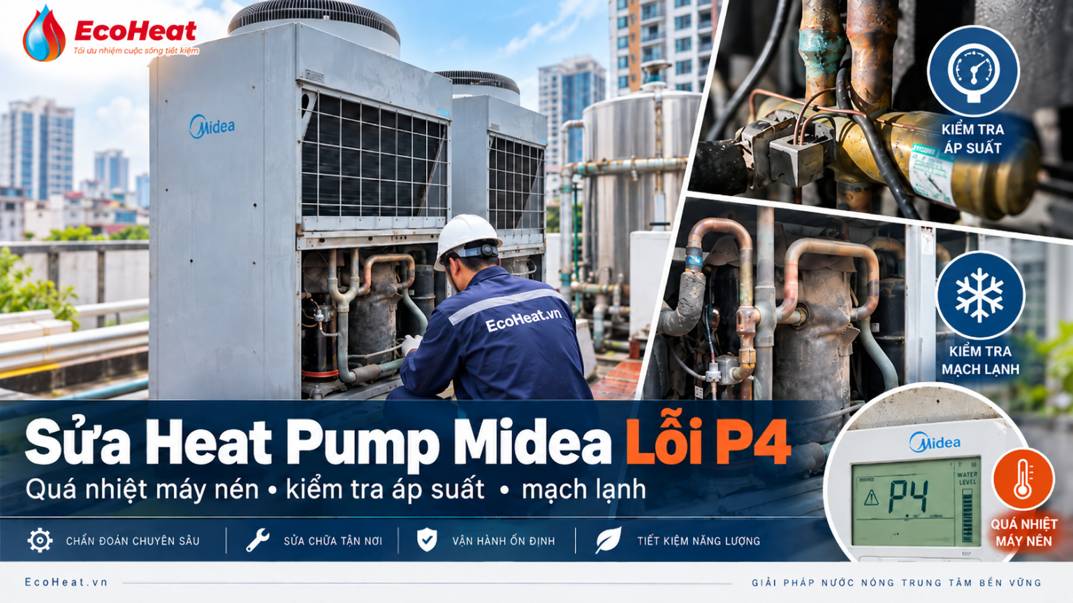 Minh họa sửa Heat Pump Midea lỗi P4 và kiểm tra cụm máy nén, mạch lạnh